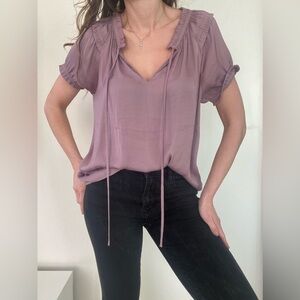 Naked Zebra Mauve Short Sleeve Tie-Neck Ruffle Blouse